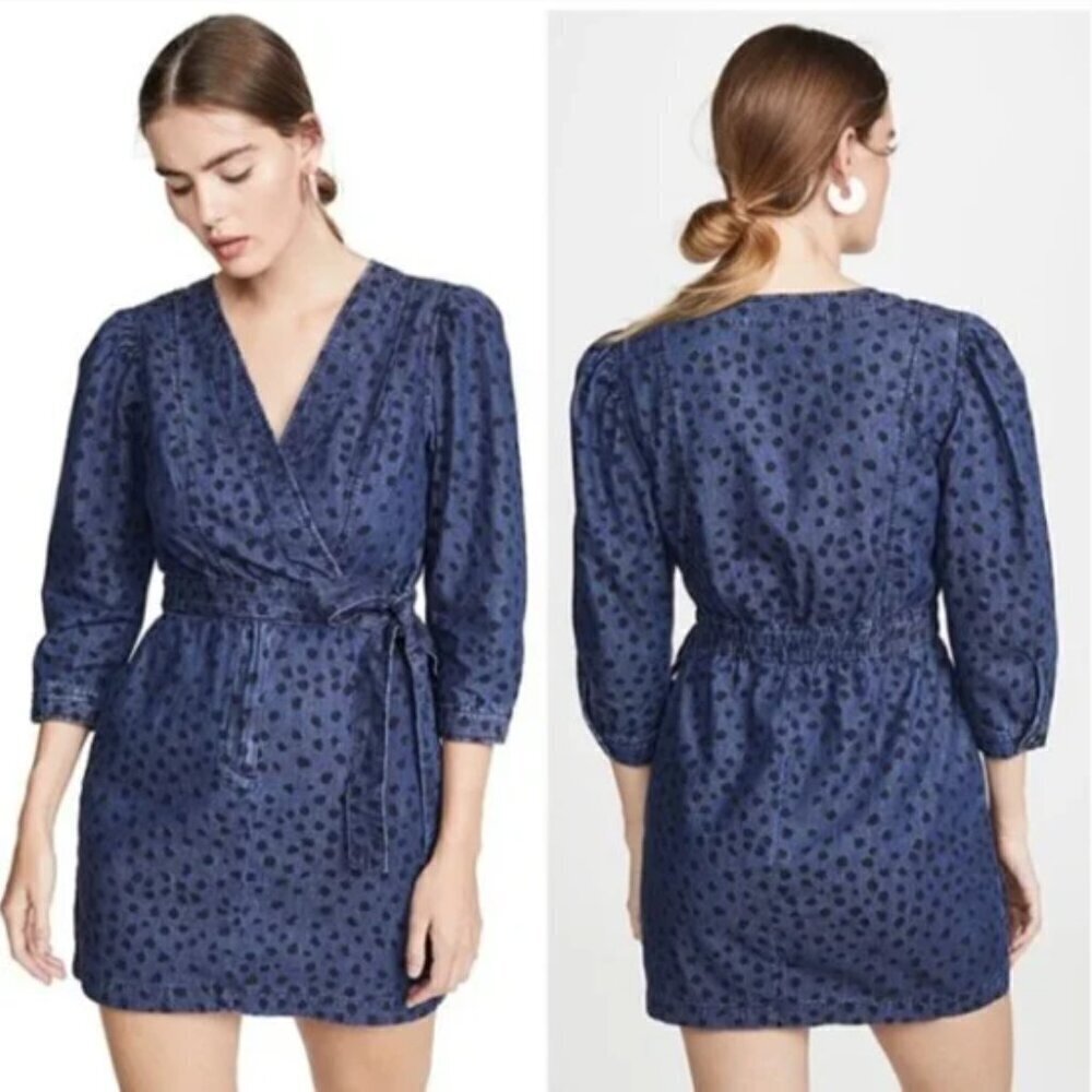 NWT La Vie Rebecca Taylor Polka Dot Faune Blue Denim Faux Wrap Mini Dress Small